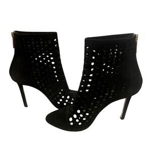 Tamara Mellon 7 Laser Cut Italian Suede Ankle Boots Crossline Polka Dot Black
